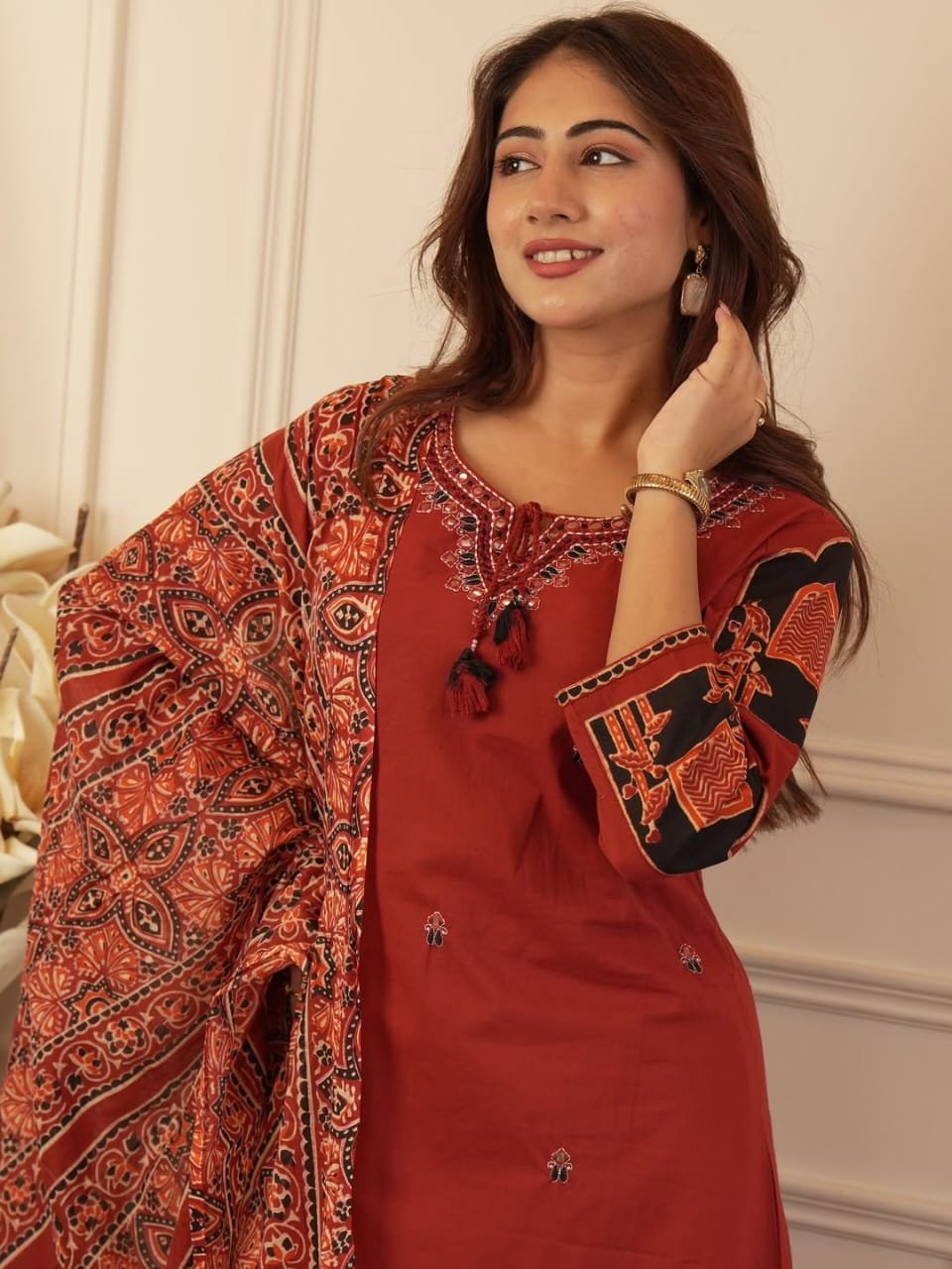 Heavy Cotton Embroidered Kurti Pant Dupatta Set